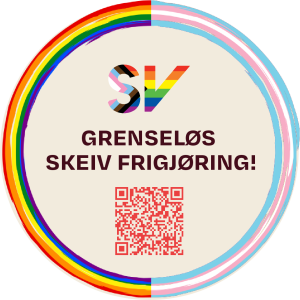 Klistremerke med QR-kode. Tekst: Grenseløs skeiv frigjøring