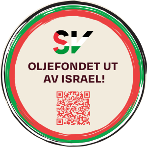 Klistremerke med QR-kode. Tekst: Oljefondet ut av Israel