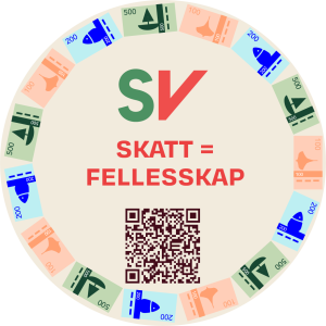 Klistremerke med QR-kode. Slagord: "Skatt = Fellesskap"